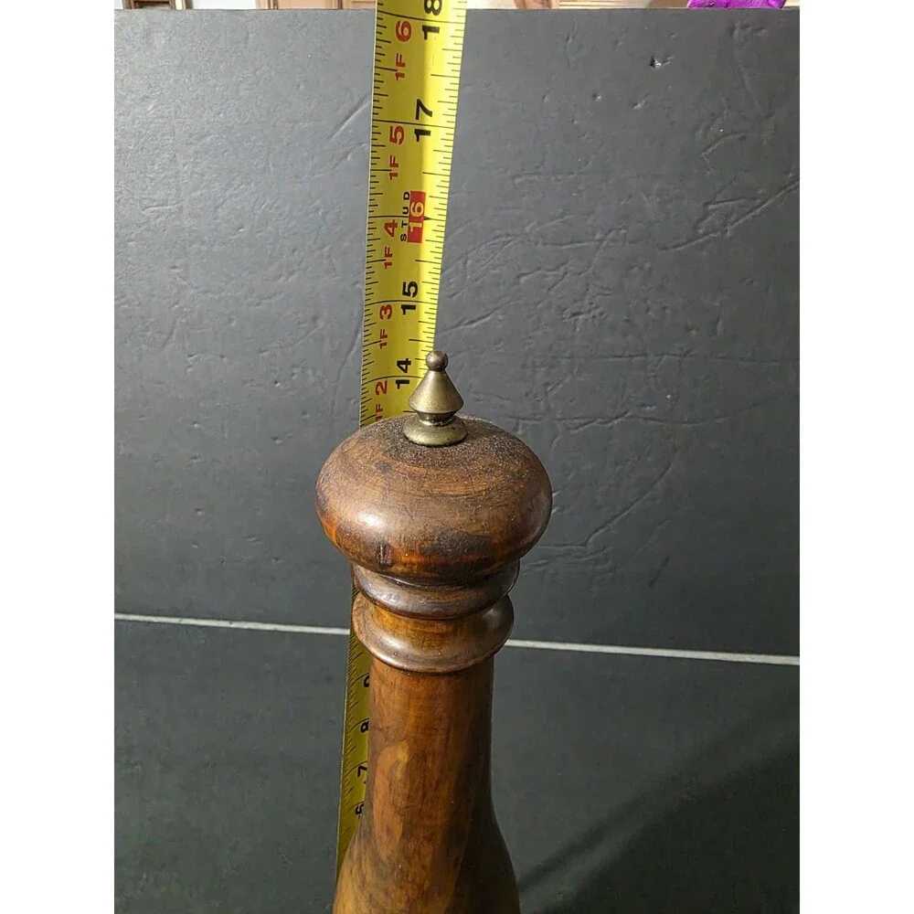 Mid Century Italian Turned Wood Pepper Mill Grinder Brass Trim 14 Inch Tall